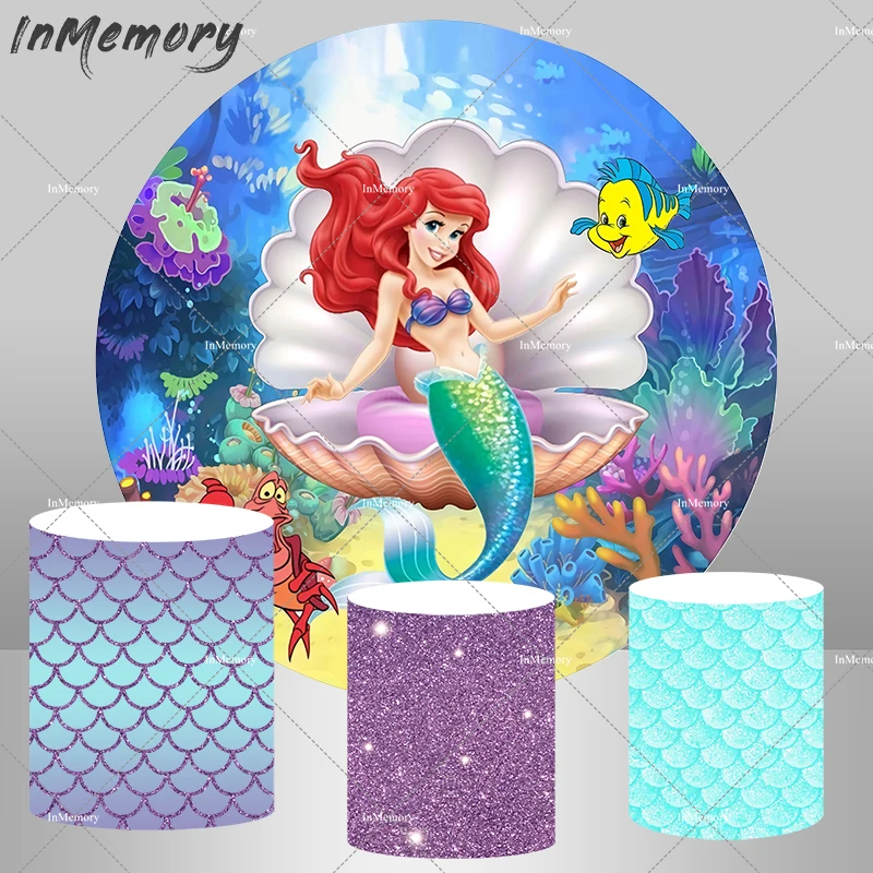 

Круглый круглый фон мультфильм Маленькая Ариэль русалка фон для вечеринки для будущей мамы для девочек день рождения настольное покрытие п...