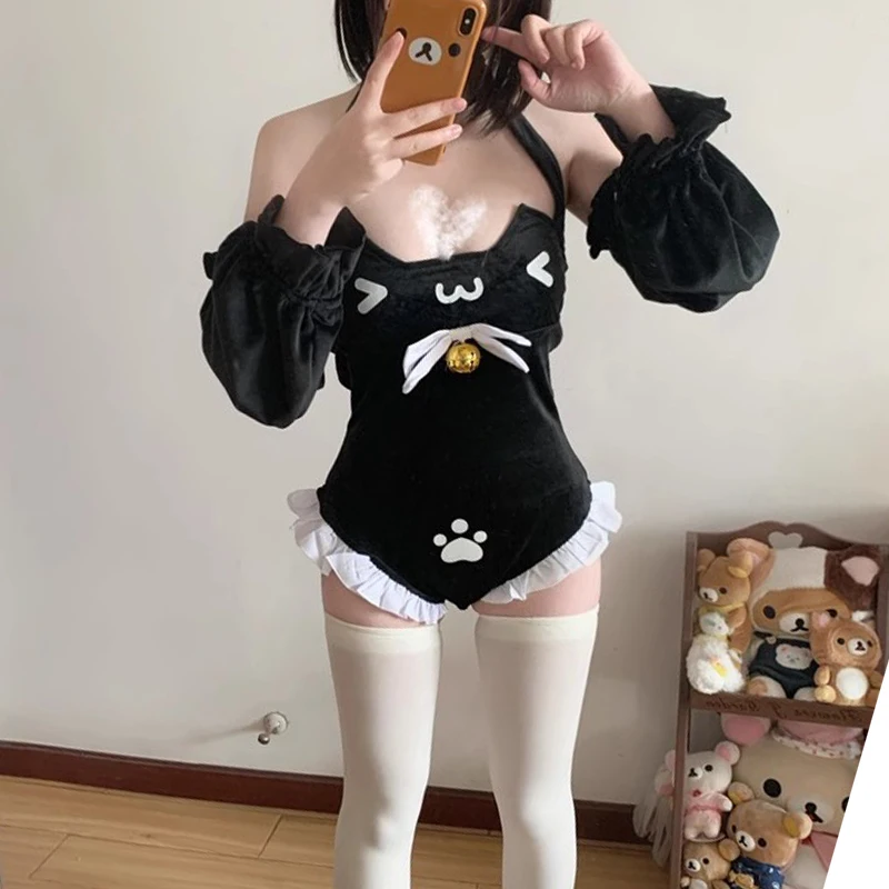 Фото Милое боди Neko для девочек с лямкой на шее и большим бантом на спине, женское облегающее боди без рукавов с рюшами в стиле пэчворк, кошка-горничная, косплей, униформа Sukumizu №5