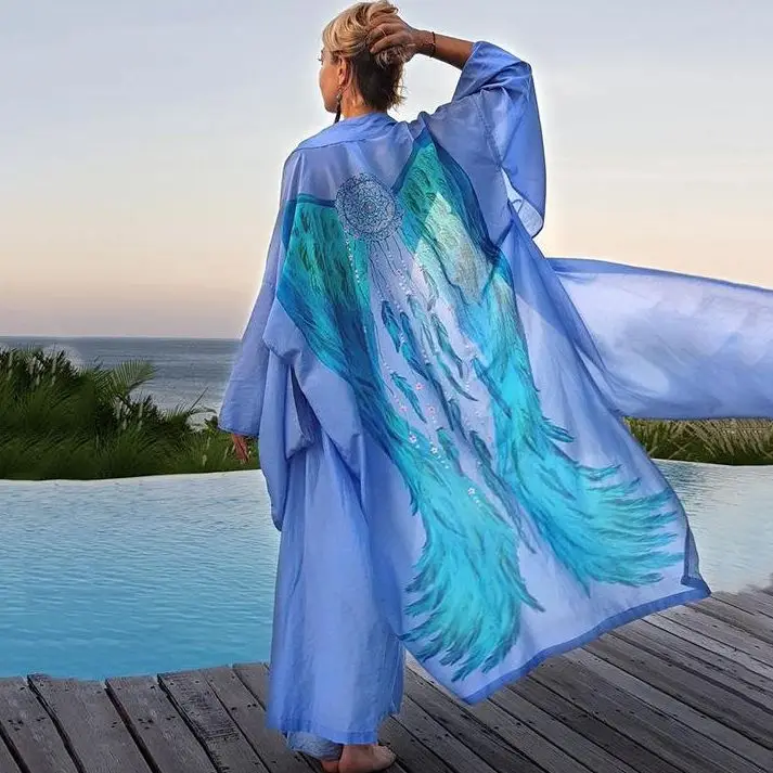 

TEELYNN Boho Wing Printing Bikini Cover Up Chiffon Loose Dresses Summer Blouses Women Beach Wear Swimsuit Cardigan Maxi Vestidos