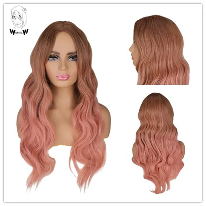

Чудесный W Длинный натуральный волнистый парик для женщин Омбре розовые волосы средней части косплей вечевечерние повседневные термостойк...