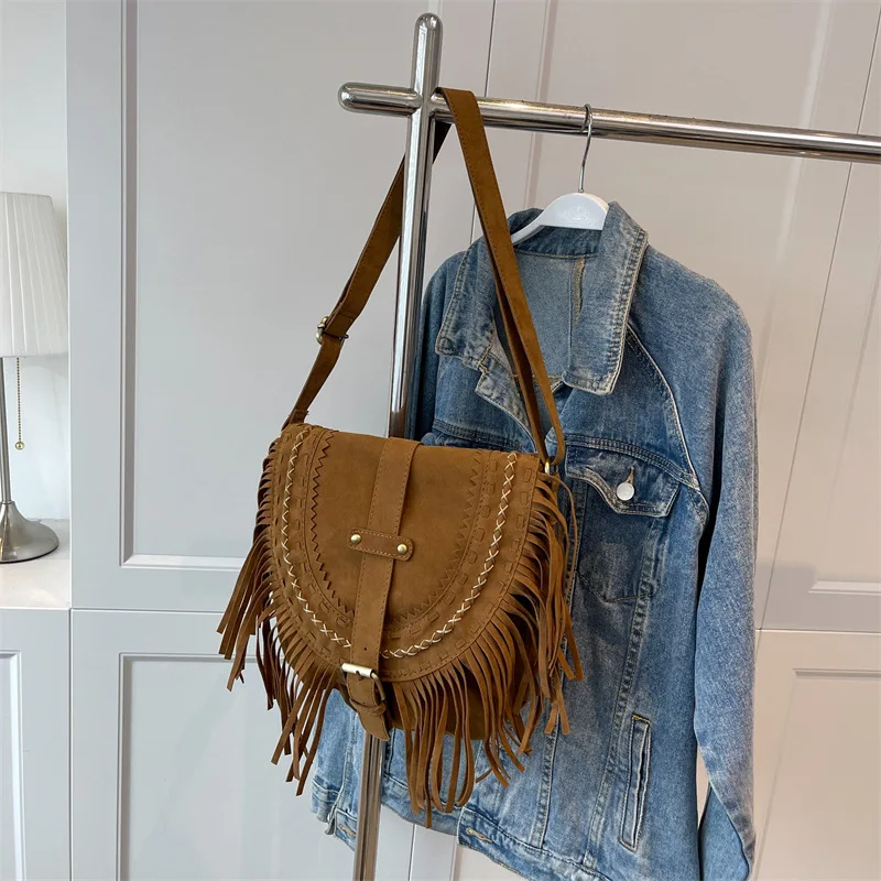 

Retro Tassel Bag Female 2023 New Shoulder Bag Little Red Book Suede Large-capacity Saddle Bag Cross-border handbags for women