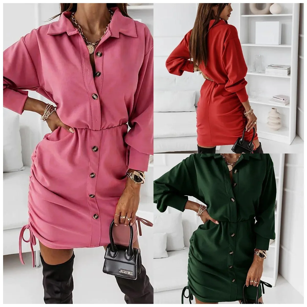 

2022 autumn and winter new temperament commuter solid color shirt stitching single-breasted drawstring dress