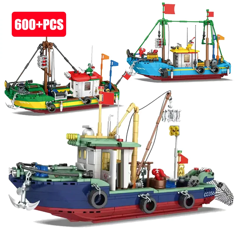 

MOC Fishing строительные блоки для детей: рыбалка, лодка, лодка, пиратский корабль, морской Фишер, фигурки, игрушки для детей, подарок на день рожд...