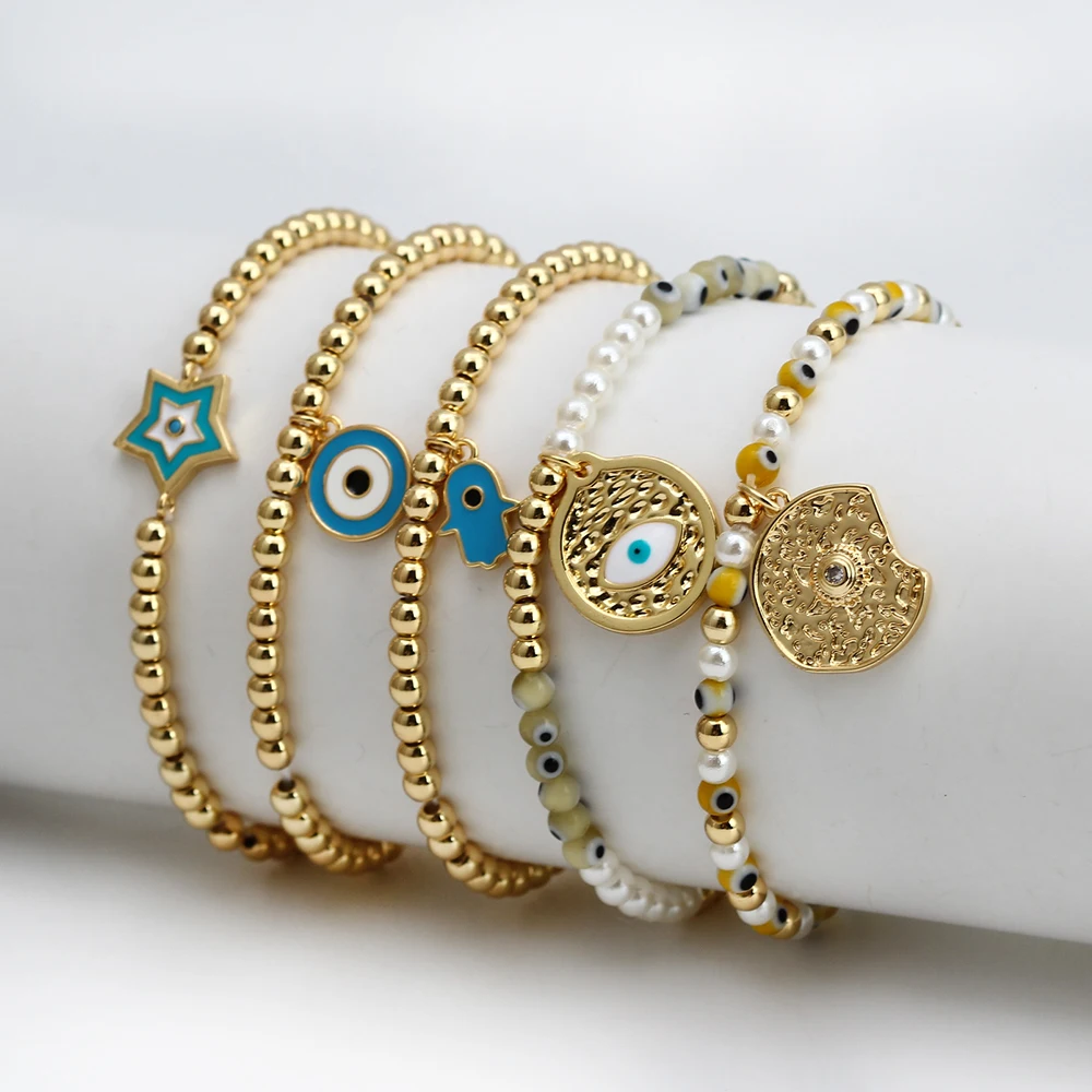 EVIL EYE Gold Color Metal Bead Plastic Pearl Bracelet Handmaded Adjustable Blue Evil Eye Charm for Women Girls BE555 |
