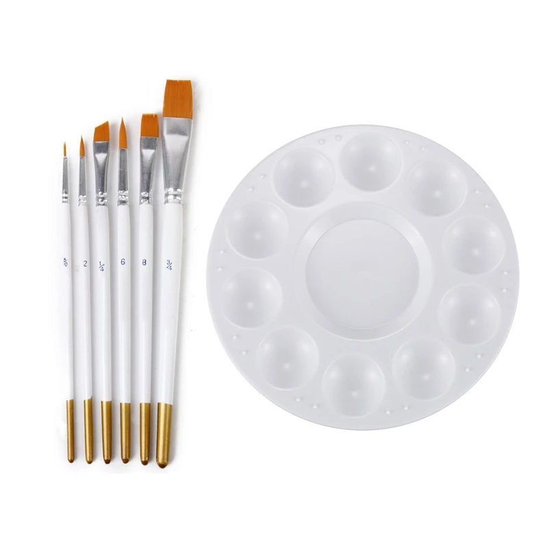 

7 Pcs Art Supplies: 1 Pcs White 11-Well Round Paint Palettes Artist Pallette & 6 Pcs Watercolor Oil Paint Brush
