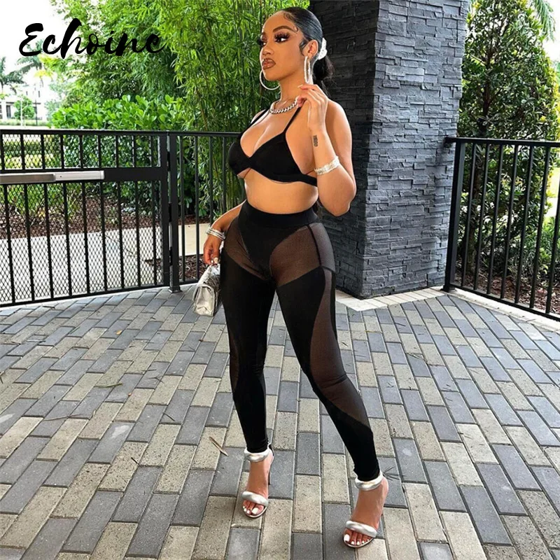 

Женский Повседневный комплект из двух предметов, привлекательный однотонный топ с V-образным вырезом и сетчатые лоскутные брюки-футляр с вы...