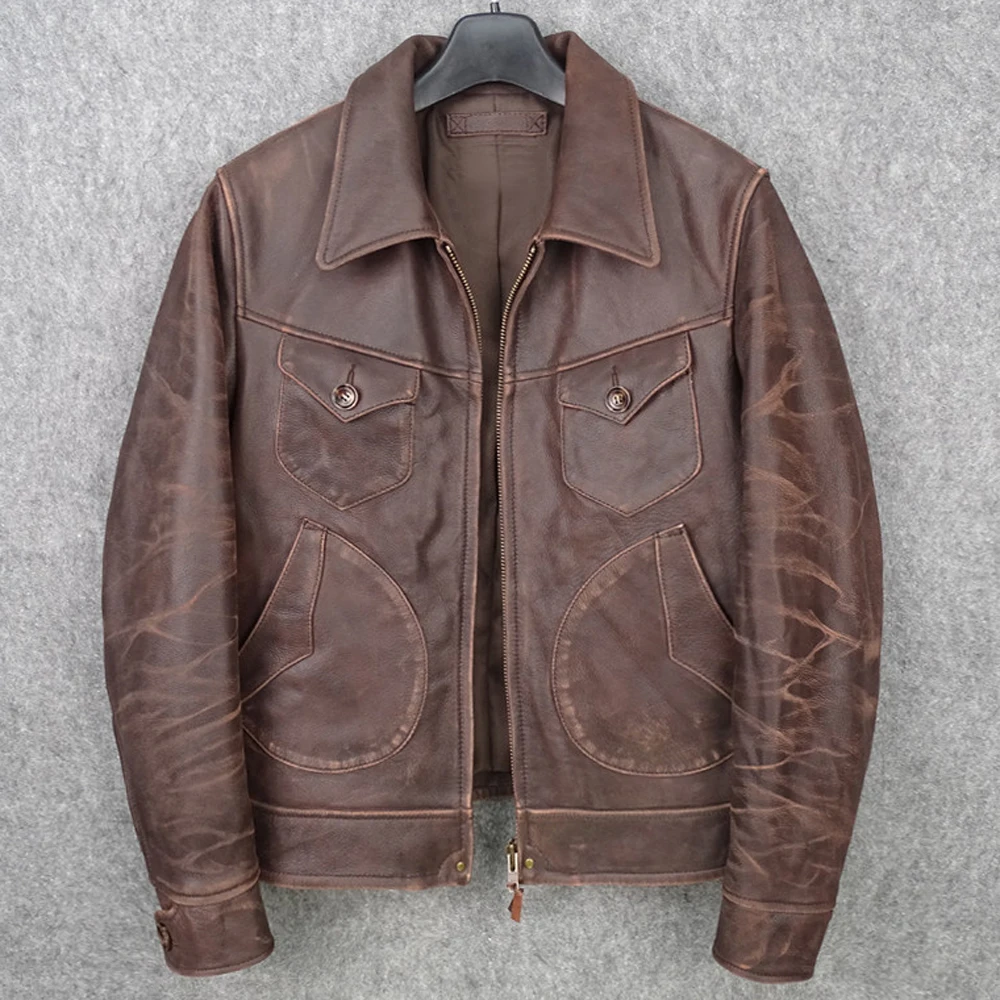 Мужской блейзер из натуральной коровьей кожи с большими карманами