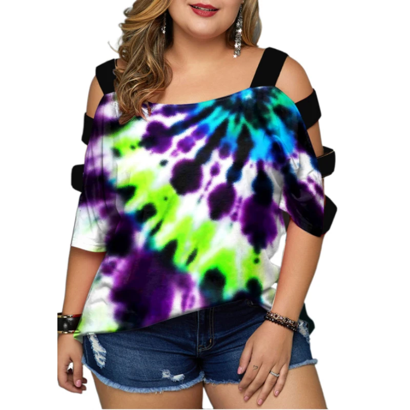 Plus Size Tunics Summer Cutout Sleeve Top Dye Tie Sunflower Hollow Out Peplum Top 90S Outfits Lady Ropa Plus Size Mujer Boutique