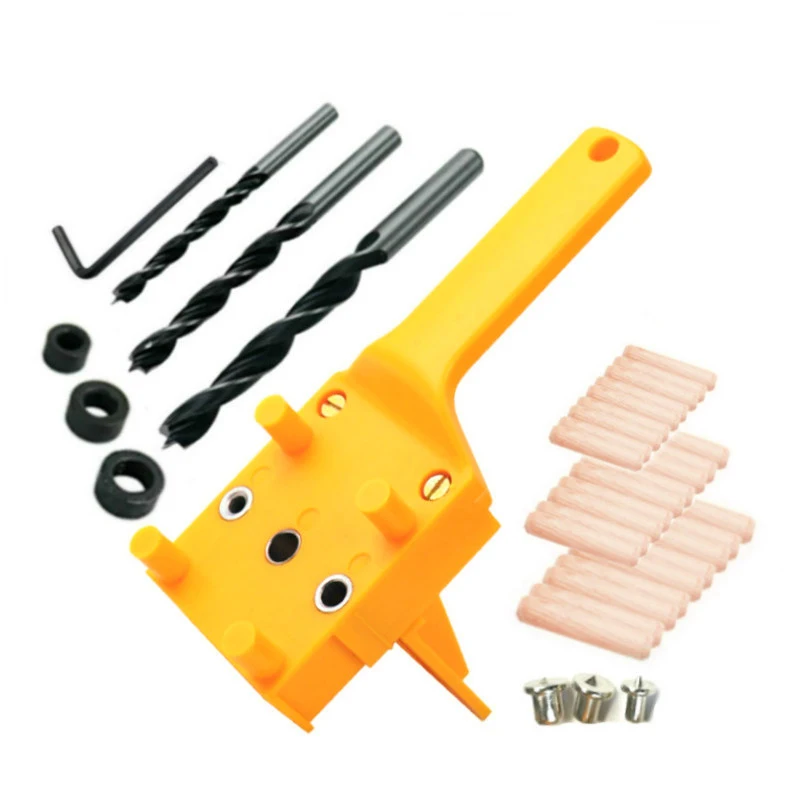 

Woodworking Dowel Jig Drill Guide Positioning Tools with 3Pcs Metal Dowel Pins 6 8 10mm Drill Bits Wood Drilling Hole Saw Kit