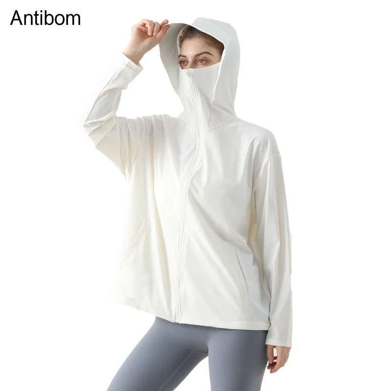 

Antibom Ice Silk Cool Sunscreen Clothes Women's UV Protection Large Quick Drying Breathable Hooded Fishing Sportswear