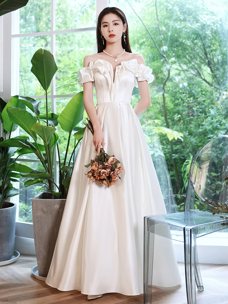 

White Satin Off The Shoulder Evening Dresses Long Elegant A-Line Floor-Length Long Women Formal Gowns 2022