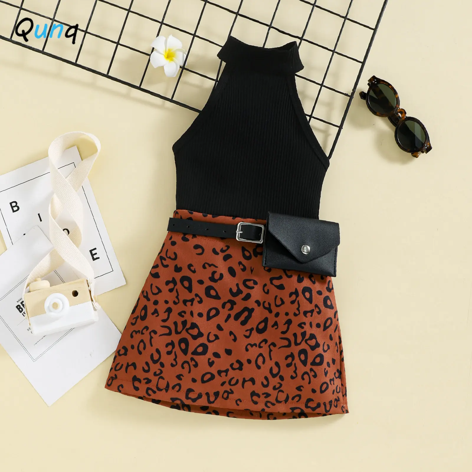 

Qunq 2023 Summer New Girls O Neck Solid Pit Strip Hang Neck Top + Leopard Print Skirt 2 Pieces Set Casual Kids Clothes Age 3T-8T