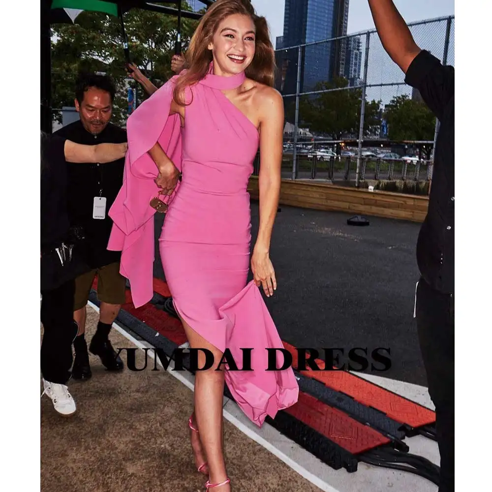 

YUMDAI Pink Single Shoulder Sleeve Evening Dress Sweet Halter Bridesmaid Gown Temperament Saudi Arabian Women Caped Long Dress