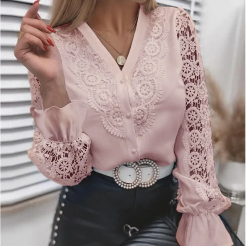 

2023 Fashion New White Lace Women's Top Elegant Women's O-Neck Long Sleeve Shirt Autumn Sewn Hollow Button Shirt Top