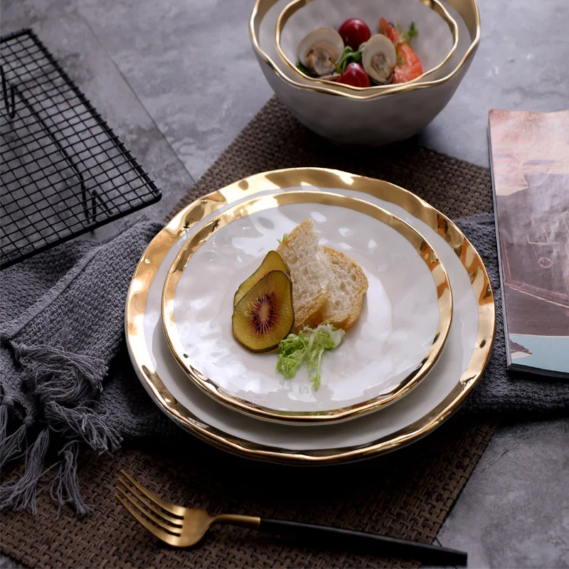 

European-style Ceramic Gold-plated Western Steak Plate 10-inches Round Salad Noodle Soup Bowl Fruit Dessert Breakfast Flat Plate