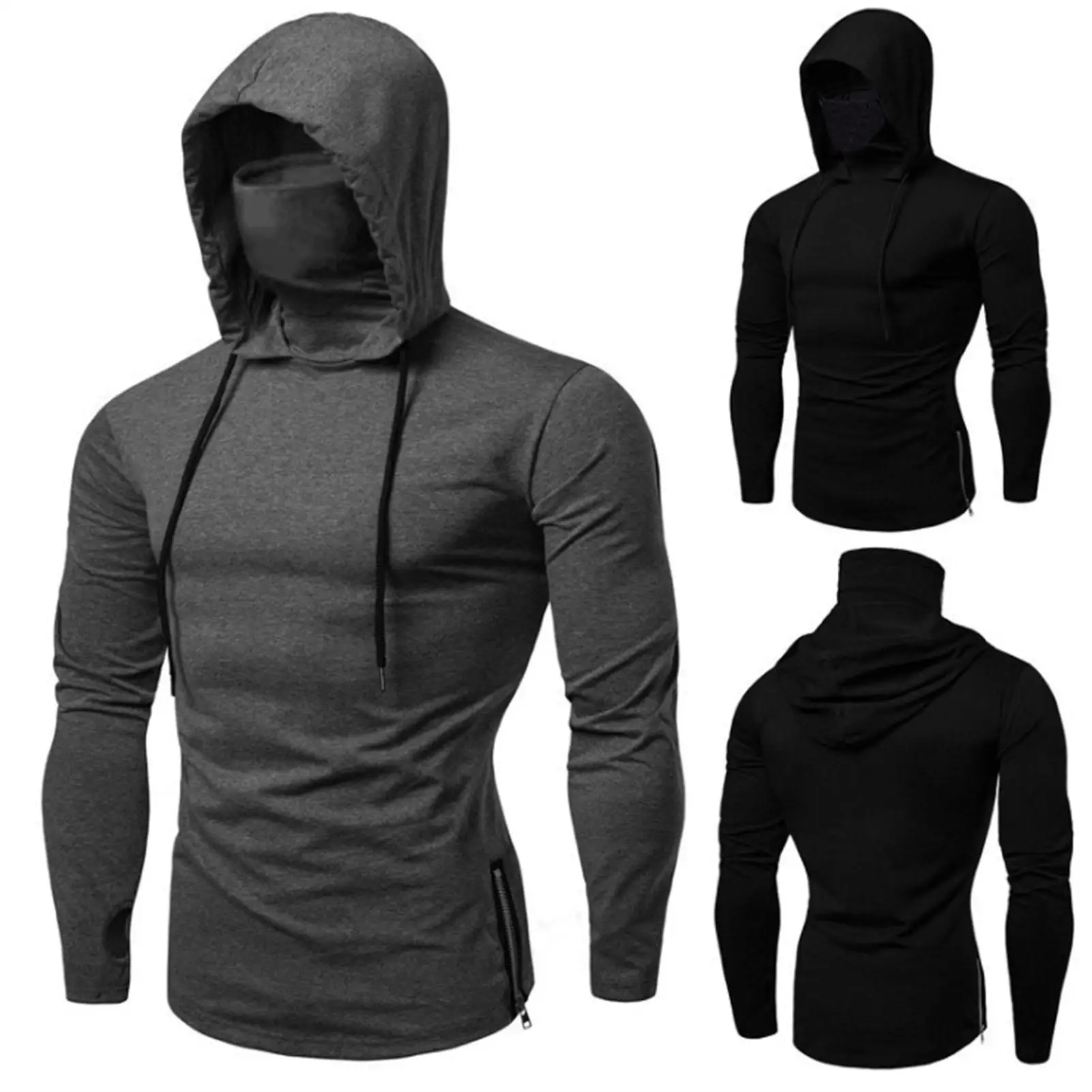 

Men's Hoodies Autumn Casual Gym Thin Long Sleeve Hoodie Face Cover Solid Color Sweatshirt Men Clothing