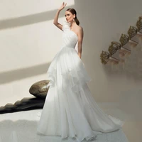 2022 organza wedding dress cheap ruffles one shoulder sleeveelss pleat a line tiered bridal gown sweep train bride dresses