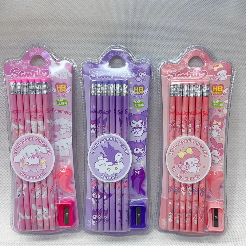 

Wholesale 12-30pcs Sanrio Pencil Mymelody Kuromi Cinnamoroll Korean Cartoon Student Pencil Holder Set Children's Stationery