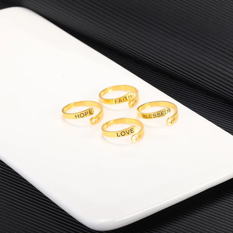 

LOVE HOPE FAITH BLESSED Cutout Cross Adjustable Ring Birthday Gifts Engraved Ring Set Exquisite Jewelry Dropshipping Wholesale
