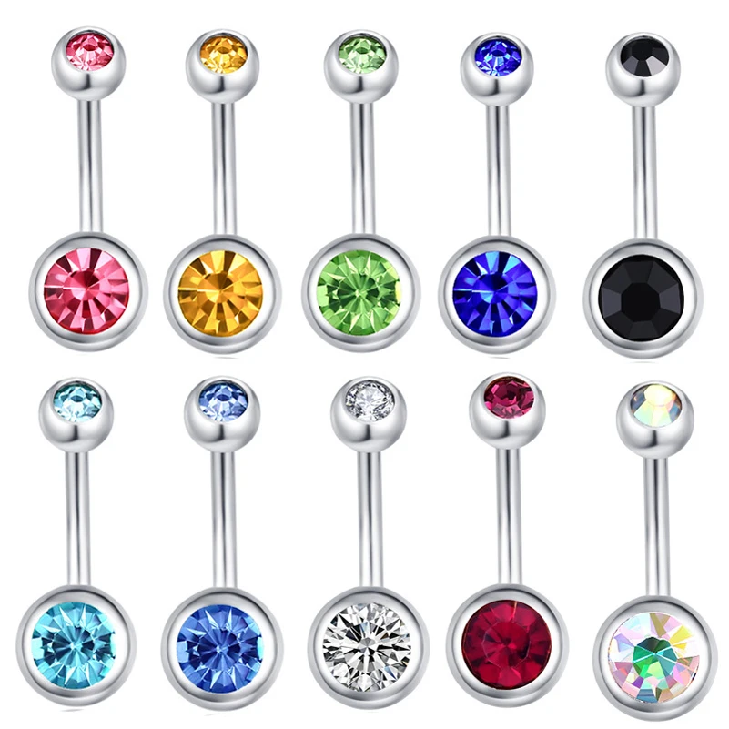 

10pcs Double Crystal Belly Button Ring Navel Bar Piercing Surgical Steel Belly Ring Ombligo Stud for Women Sexy Body Jewelry 14G