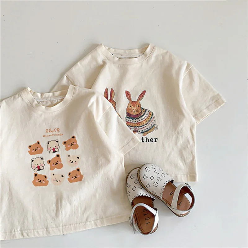 

Girls' Summer T-shirt 2023 Baby Cute Apricot Top Children's Short Sleeve Korean Cute Print Underlay Fashion