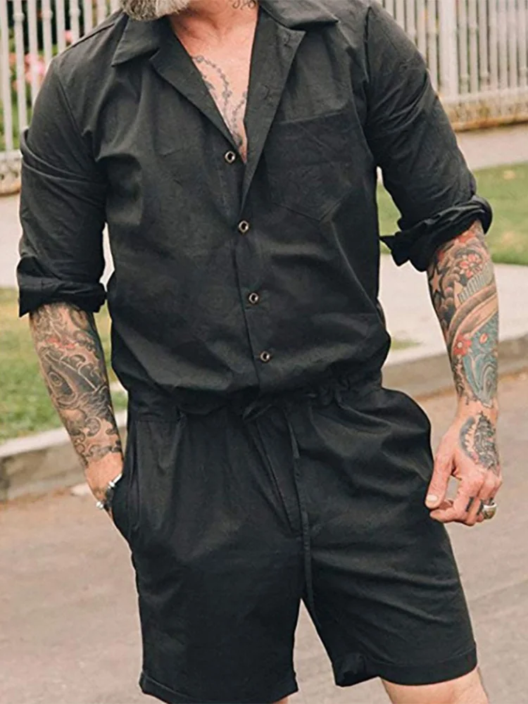 

Male 2022 Rompers Casual Turn Down Short Sleeve Solid Color Street Chic Overalls Summer Mens Fashion Men Buttoned Cargo Overall