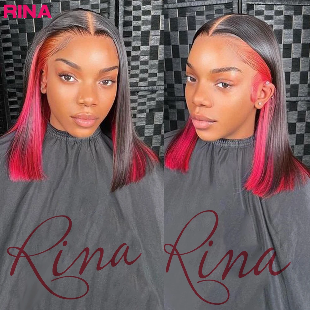 Розово-черный цвет короткой прямой парики "боб" плотностью 180, передняя часть на шнурке 13x4 с ребристыми волосками на лбу, изготовленная из человеческих волос для женщин.