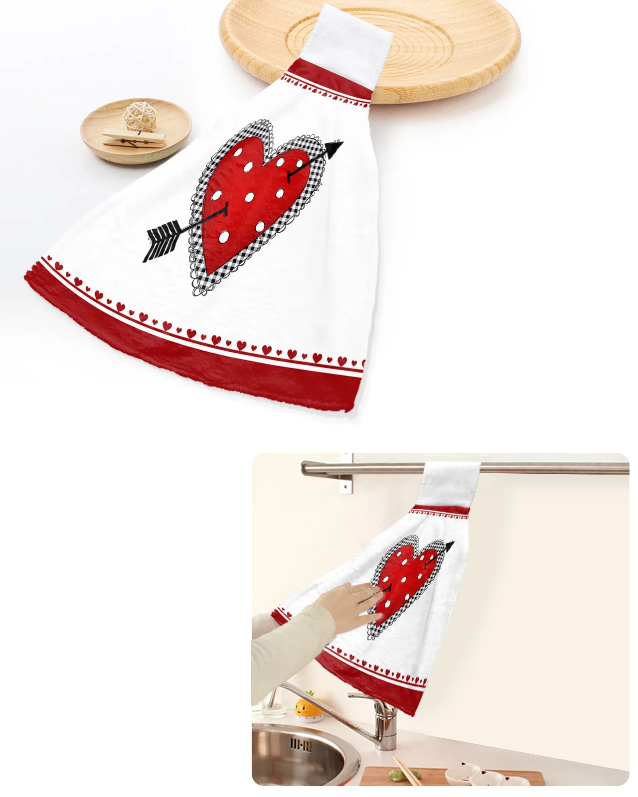 

Valentine's Day Red Heart Arrow Hand Towels Home Kitchen Bathroom Hanging Dishcloths Loops Quick Dry Soft Absorbent Custom Towel