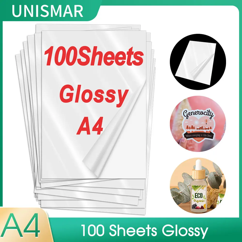 Unismar 100 Sheets Inkjet Printer Paper Printable Vinyl Sticker Paper A4 Glossy Self-adhesive Waterproof Printing Paper DIY Tag