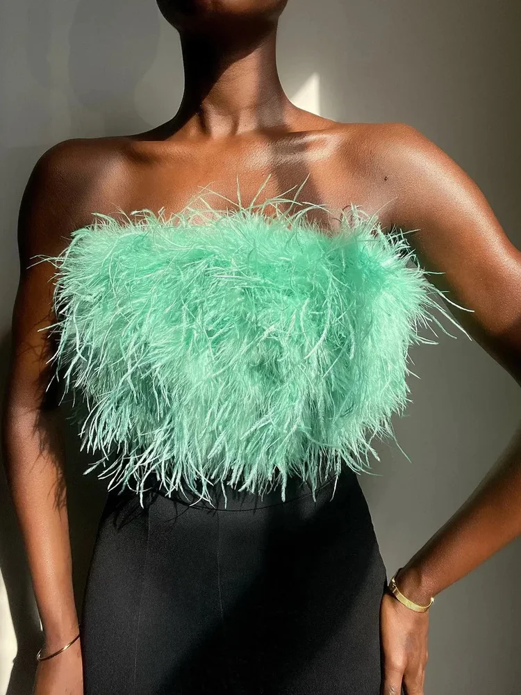 

Feather Cropped Top for Women Sexy Green Strapless Cropped Tube Tops 2022 Summer Y2K Fashion Backless Club Party Tops Outfits