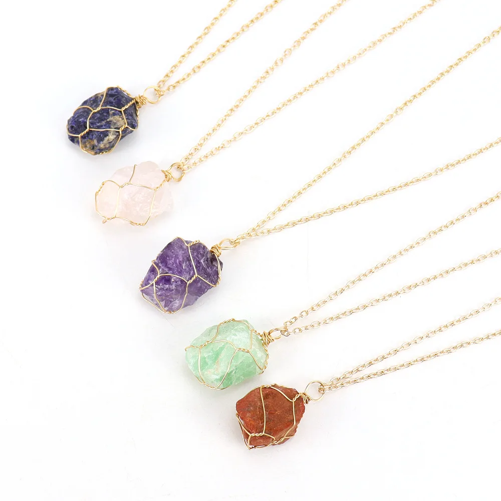 

15pcs Wire Wrap Natural Irregular Raw Ore Crystal Pendant Necklace Energy Stone Healing Amethyst Meditation Yoga Gift Wholesale