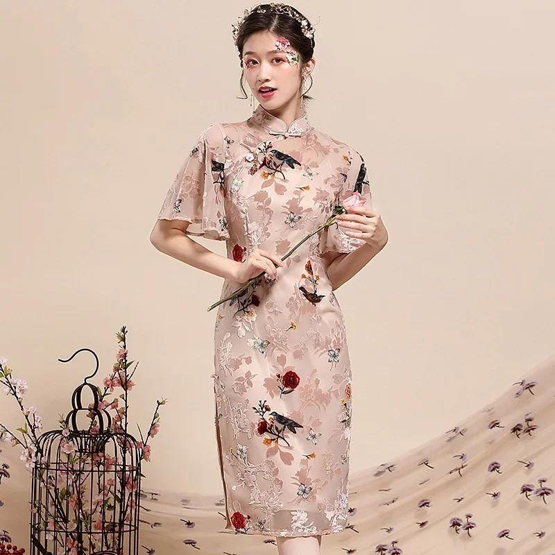

Cheongsam Oriental Dress New Arrival 2020 Quipao Vestido Flounce Sleeve Shanghai Qi Pao Traditional Chinese Dress Qipao 10140