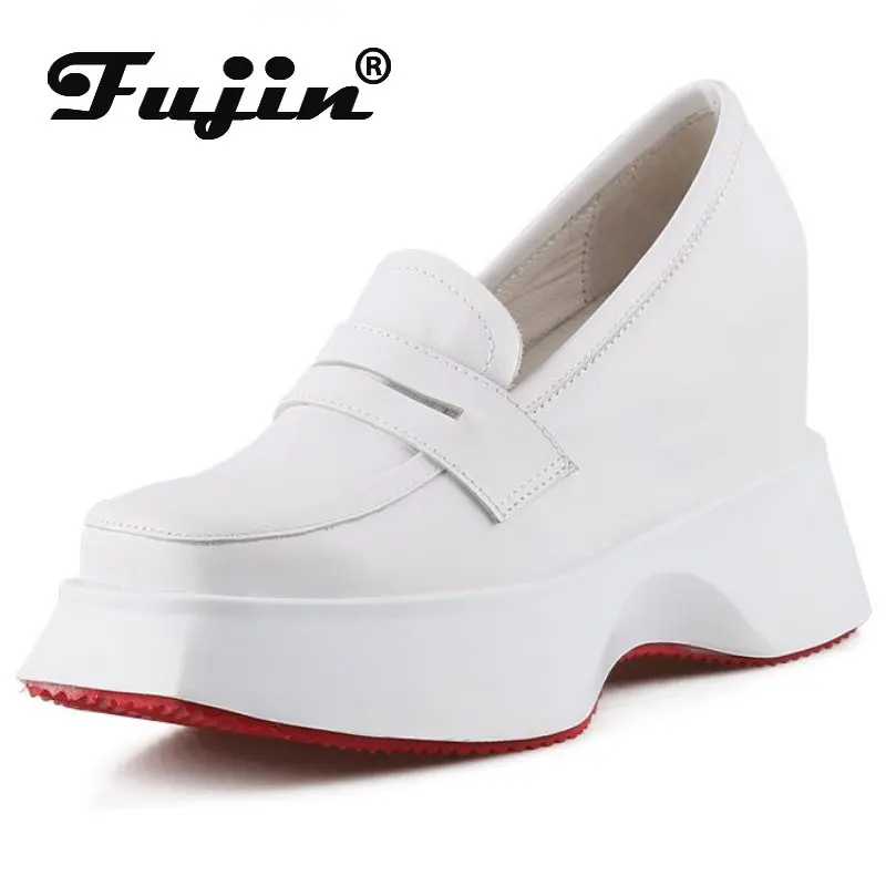 

Fujin 10cm Square Toe Genuine Leather Platform Wedge Hidden Heel Casual Pumps Fashion Summer Sandals Slip on Women Mules Shoes