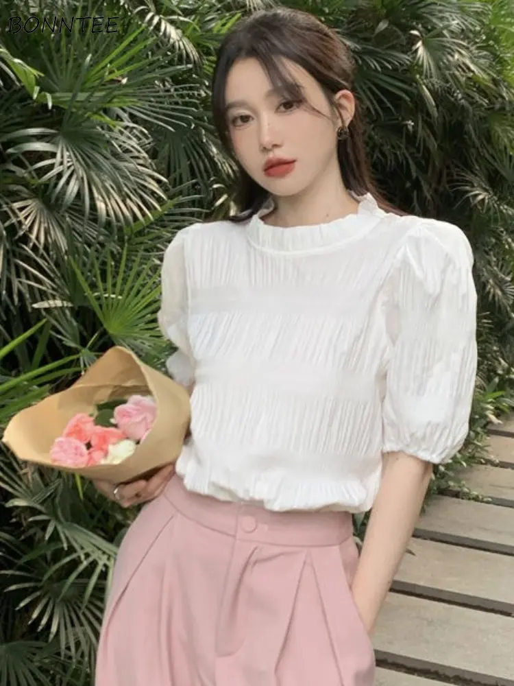 

Blouses Women Elegant Summer Romantic Office Lady Streetwear Kawaii O-neck Tender Holiday Attractive Students All-match Retro