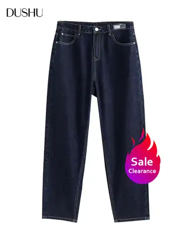 DUSHU【Clearance Sale】Women Original Wash High Waist Jeans Dark Blue Denim Cropped Tapered Pants Winter New Cotton Casual Jean