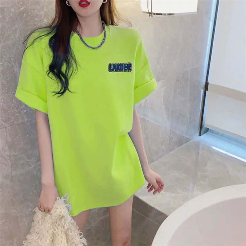 

DAYIFUN футболка с буквенным принтом женская хлопковая футболка средней длины с коротким рукавом 2023 летние корейские свободные универсальные ...