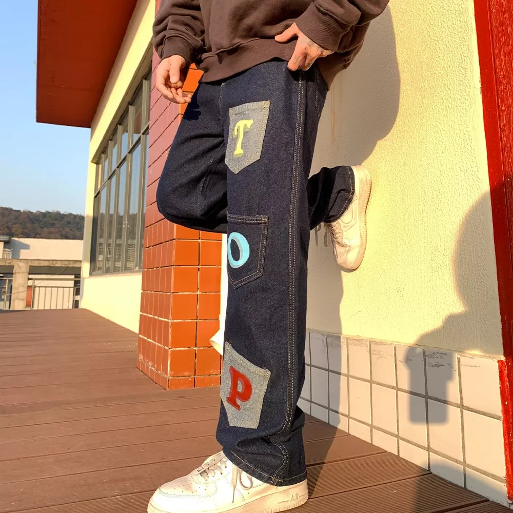 2022New T O P Printed Jeans Multi-pockets Denim Straight Jean Pants Navy blue Men's Hip Hop Jeans Neutral Streetwear denim T