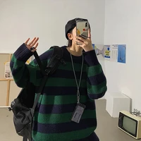 striped loose sweaters women men autumn winter o neck vintage green clothes casual harajuku couple pullover knitwear streetwear
