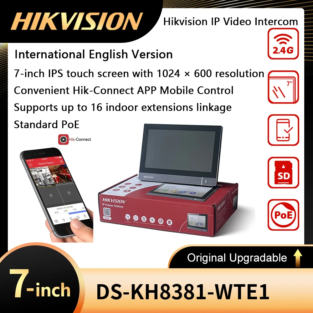 Фото IP-видеодомофон Hikvision DS-KH8381-WTE1, внутренняя станция с 7-дюймовым сенсорным экраном, POE, Wi-Fi монитор, замена DS-KH8350-WTE1 №1