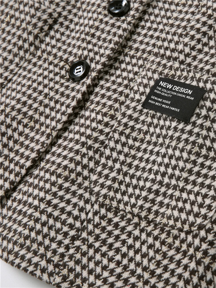 Women Vintage Plaid Blazer Elegant Office Houndstooth Suit Coat Woolen Jacket Female Outerwear Chic Slim Tops