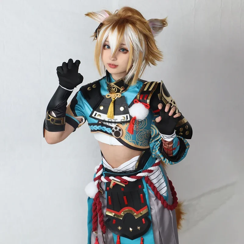 Гото косплей костюм genshinimpact goalou мужской синий лиса мальчика Хэллоуин брюки хвост