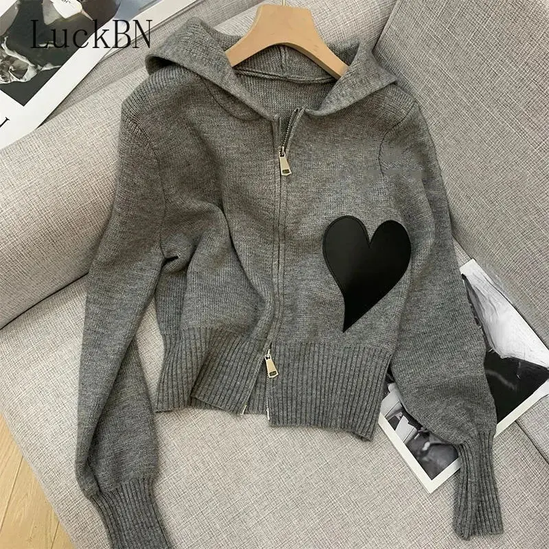

Casual Zip Up Knitted Cardigan Women Clothing Spring Jumpers Fashion Hooded Cropped Sweater Korean Long Sleeve Knitwear Tops New