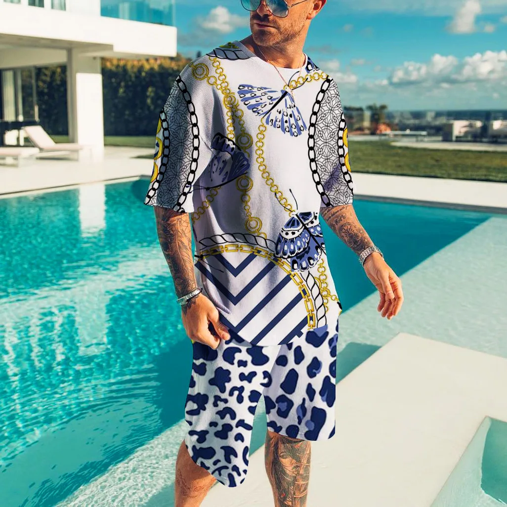 

2023 Summer Fashion 3D Digital Printing Metal Chain Pattern Men's Casual T-shirt Shorts Set Two Pieces