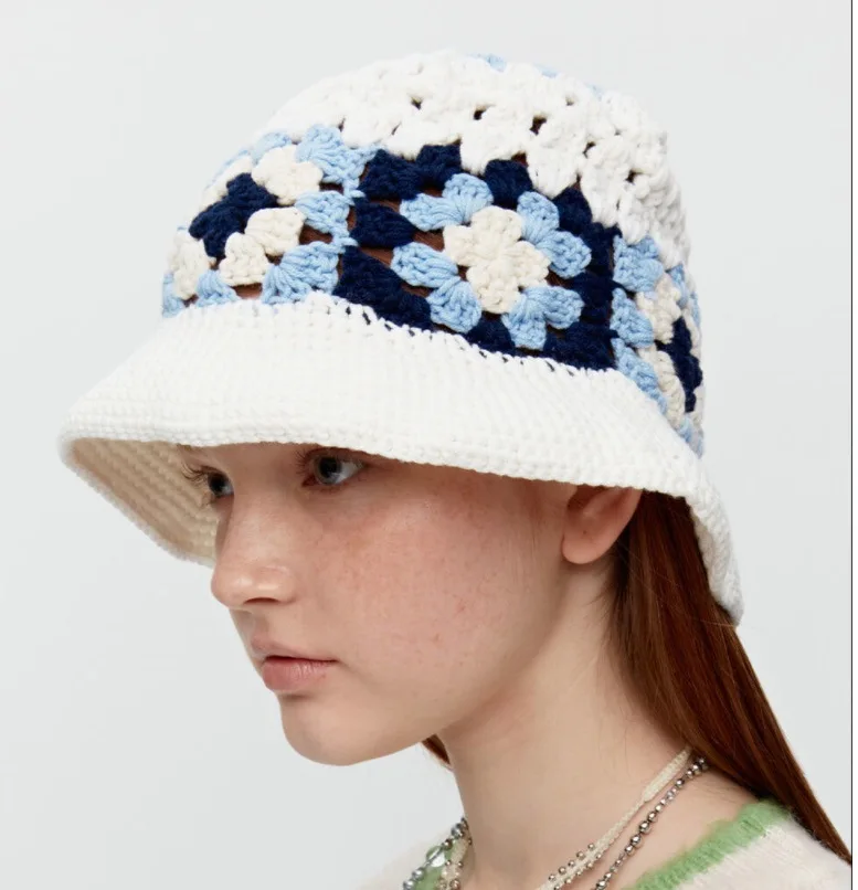 Y2K Crochet Bucket Hat for Women Knit Handmade Foldable Floppy Beach Caps Fashion Cute Comfy and Casual