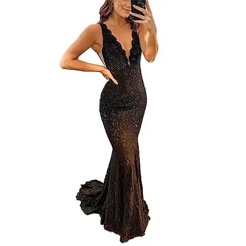 Черные вечерние платья с V-образным вырезом и открытой спиной русалки со шлейфом