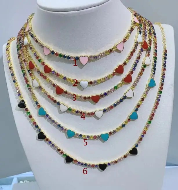 

New Gold Color Colorful Enamel heart Charm CZ Tennis Chain 32+5CM Fashion Women Choker Necklace dsg4d