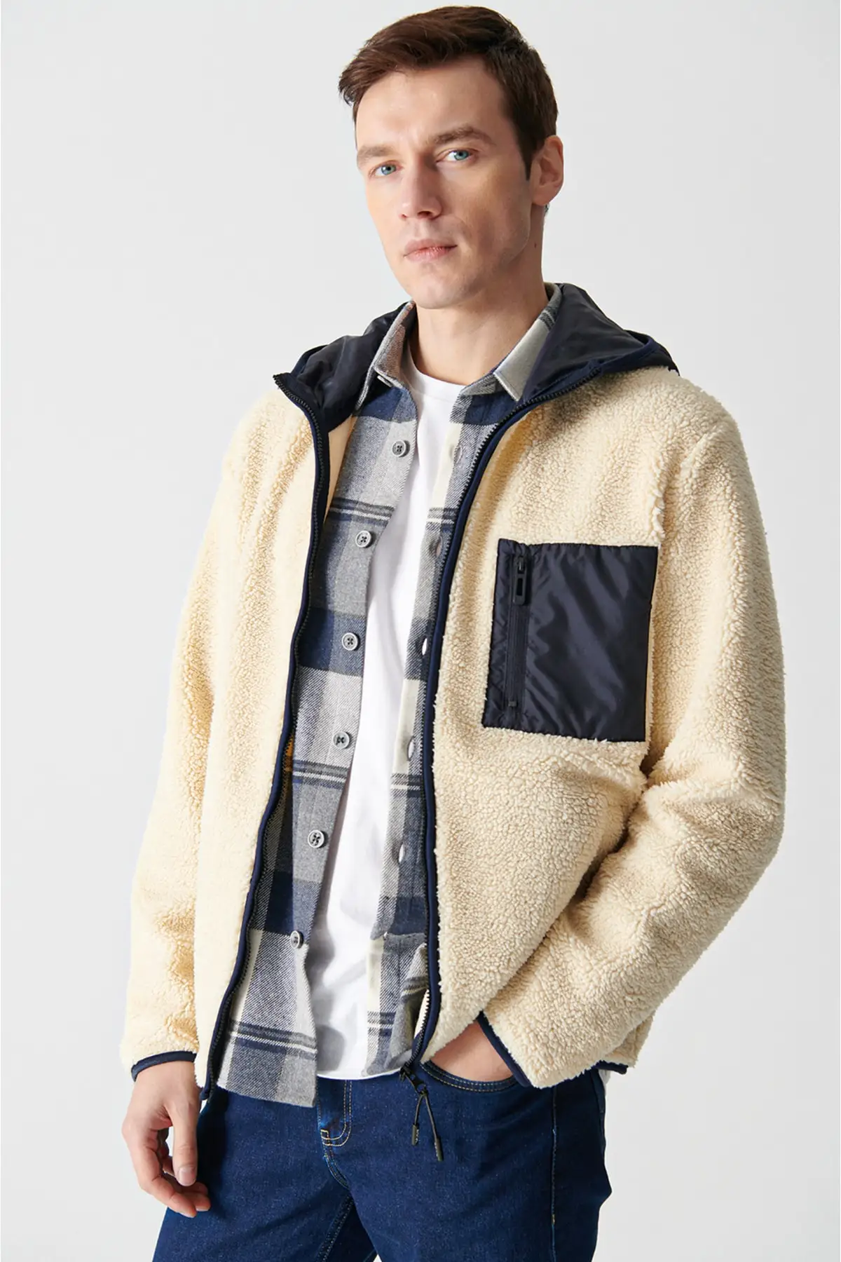 Men's Ecru Hooded Collar Plusus A12y6098