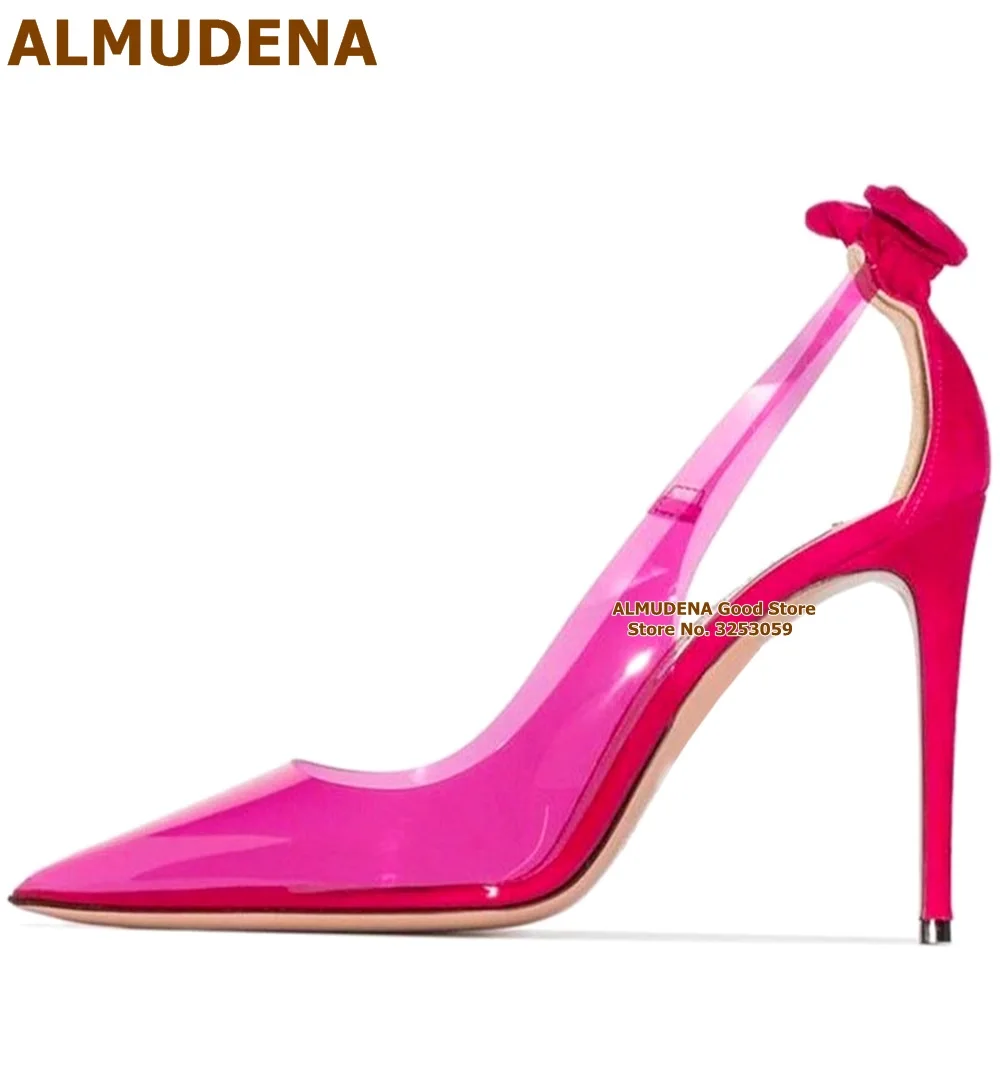 ALMUDENA Pink Transparent PVC Cut Out High Heels Butterfly-knot Stilettos Pointed Toe Wedding Shoes Bowtie Embellished Pumps