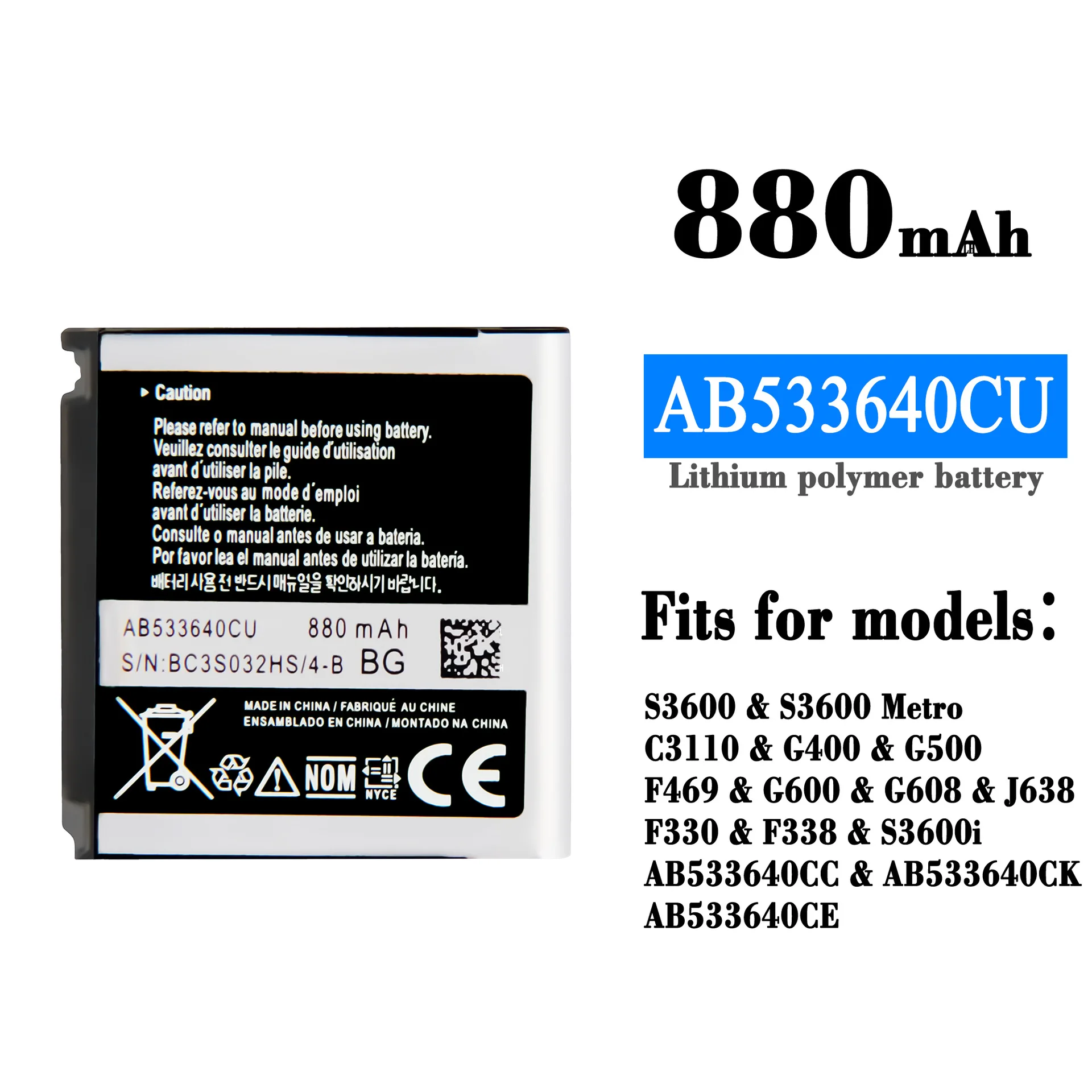

AB533640CU сменный аккумулятор AB533640CC/CK/CE для Samsung S3600 S6888 S3710 GT-S3600i S3930C S3601 S569 F338 J638 J608 880 мАч