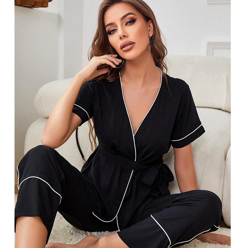 

Causal Kimono Bathrobe&pant 2Pcs Pjs Cotton V-Neck Nightwear Black Short Sleeve Pajamas Set Home Clothes Sleep Suit for Women